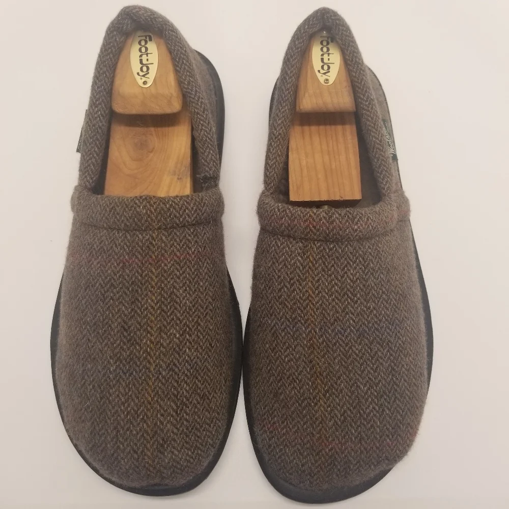 Woolrich Mens Size 12 Moccasin Slipper Tan Wool Tweed Sherpa Lining Comfort